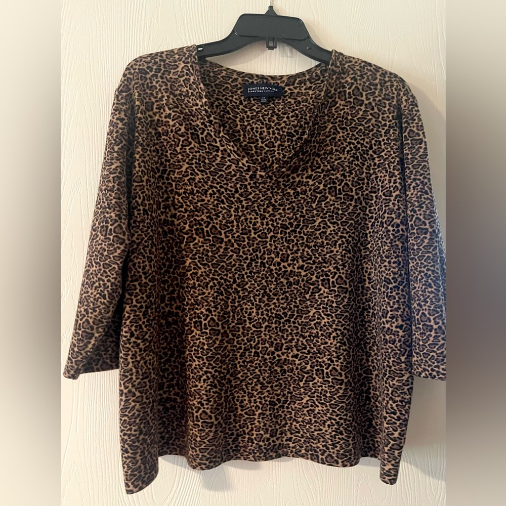 Jones New York Brown Leopard Print V-Neck Mid Sleeve Top